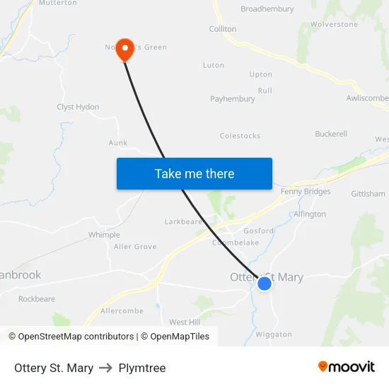 Ottery St. Mary to Plymtree map