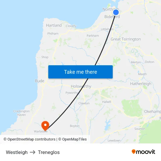 Westleigh to Treneglos map