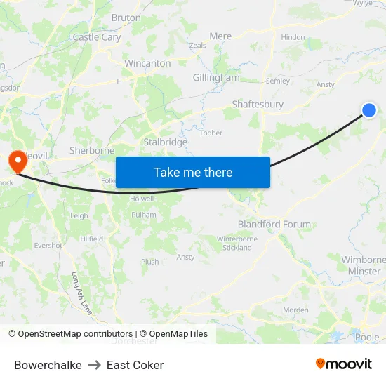 Bowerchalke to East Coker map