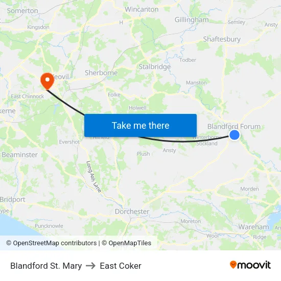 Blandford St. Mary to East Coker map