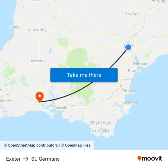 Exeter to St. Germans map