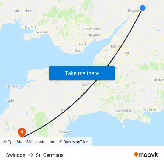 Swindon to St. Germans map