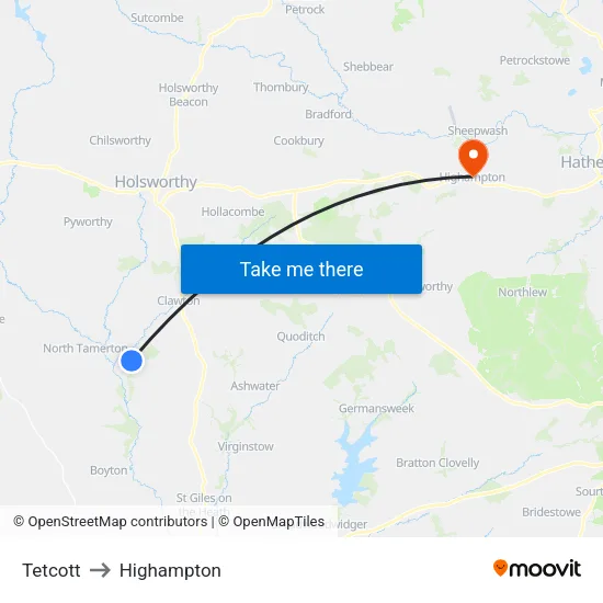 Tetcott to Highampton map