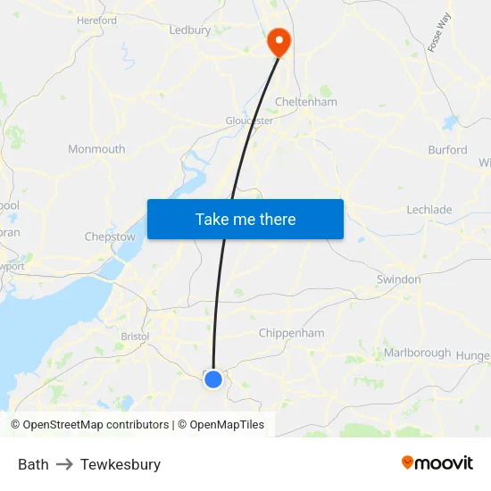 Bath to Tewkesbury map