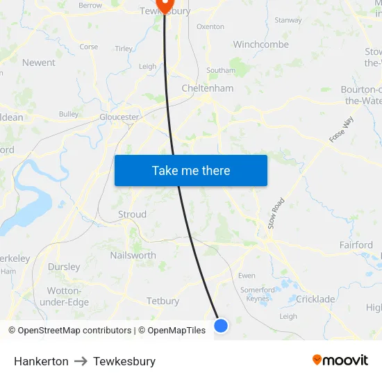 Hankerton to Tewkesbury map