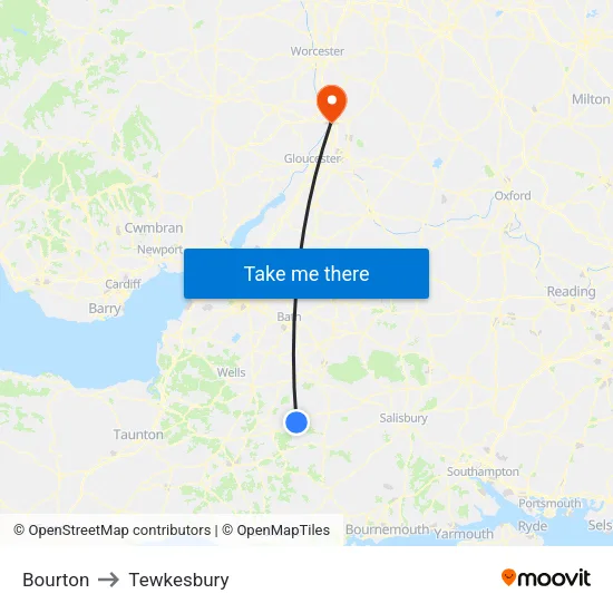 Bourton to Tewkesbury map