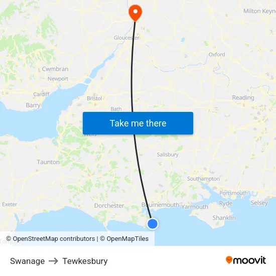 Swanage to Tewkesbury map