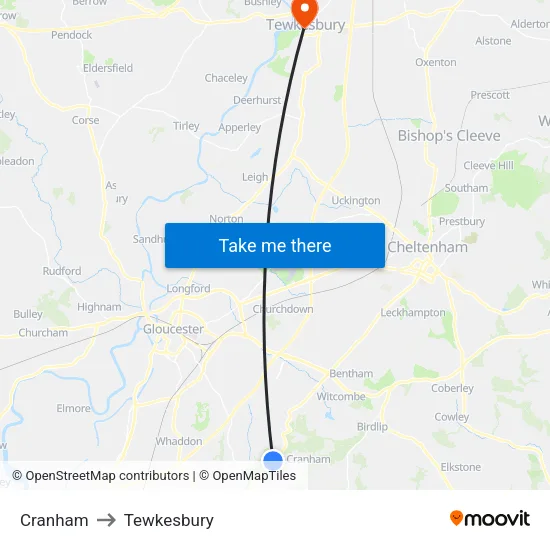 Cranham to Tewkesbury map