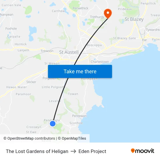 The Lost Gardens of Heligan to Eden Project map