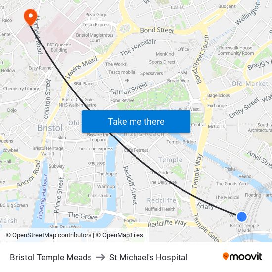 Bristol Temple Meads to St Michael's Hospital map