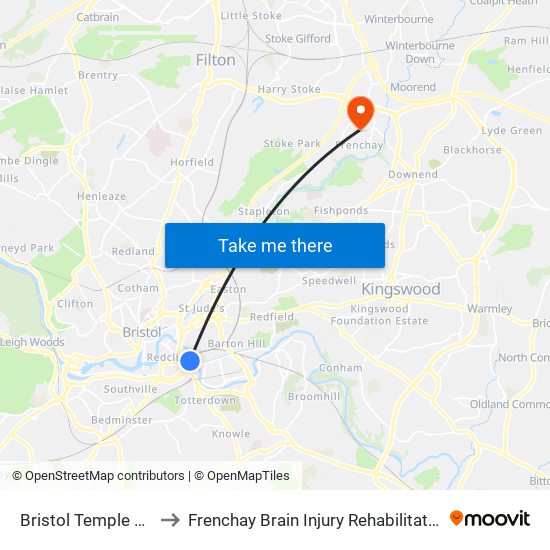 Bristol Temple Meads to Frenchay Brain Injury Rehabilitation Centre map