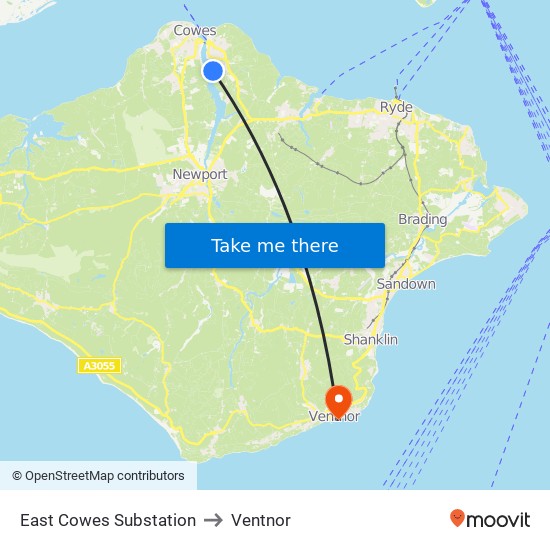 East Cowes Substation to Ventnor map