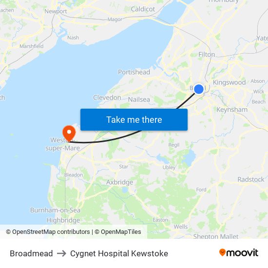 Broadmead to Cygnet Hospital Kewstoke map