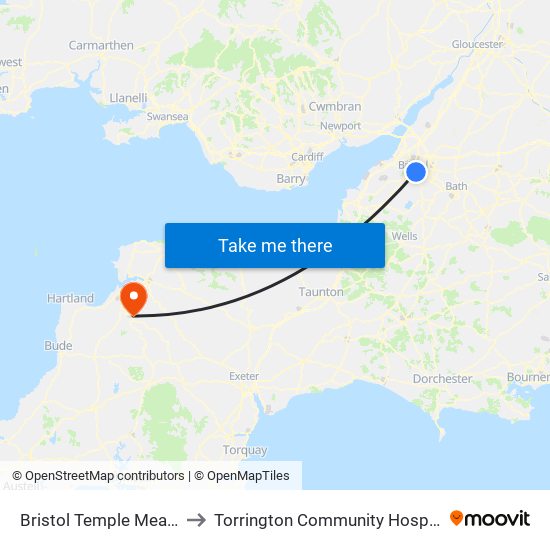 Bristol Temple Meads to Torrington Community Hospital map