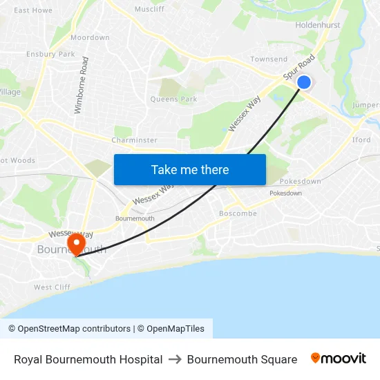 Royal Bournemouth Hospital to Bournemouth Square map