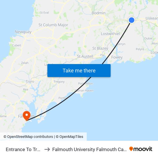 Entrance To Trago Mills, Trago Mills to Falmouth University Falmouth Campus (formerly UCF Woodlane Campus) map