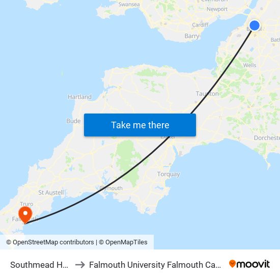 Southmead Hospital, Southmead to Falmouth University Falmouth Campus (formerly UCF Woodlane Campus) map