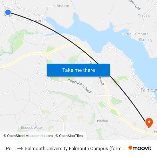 Penryn to Falmouth University Falmouth Campus (formerly UCF Woodlane Campus) map