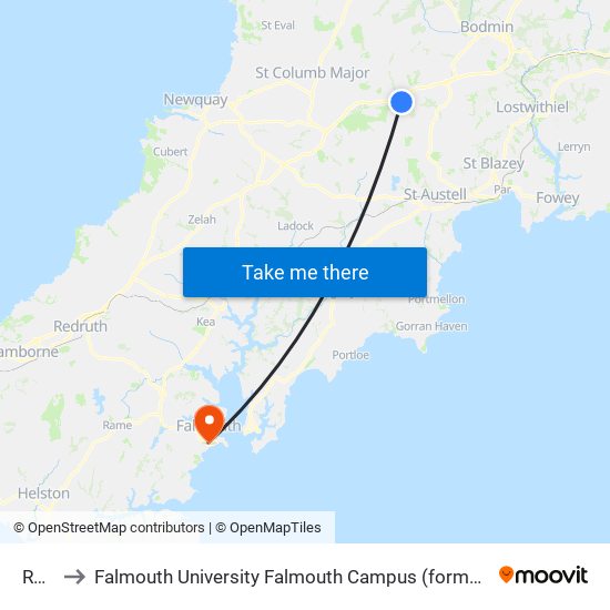 Roche to Falmouth University Falmouth Campus (formerly UCF Woodlane Campus) map