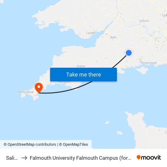 Salisbury to Falmouth University Falmouth Campus (formerly UCF Woodlane Campus) map