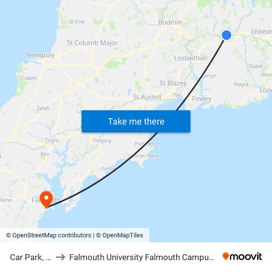 Car Park, Trago Mills to Falmouth University Falmouth Campus (formerly UCF Woodlane Campus) map