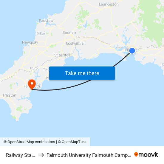 Railway Station, Plymouth to Falmouth University Falmouth Campus (formerly UCF Woodlane Campus) map