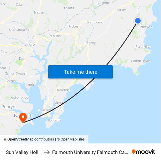 Sun Valley Holiday Park, Pentewan to Falmouth University Falmouth Campus (formerly UCF Woodlane Campus) map