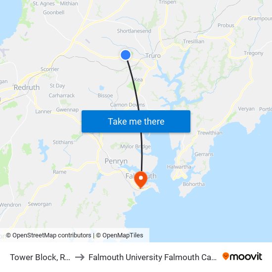 Tower Block, Rch Treliske Hospital to Falmouth University Falmouth Campus (formerly UCF Woodlane Campus) map