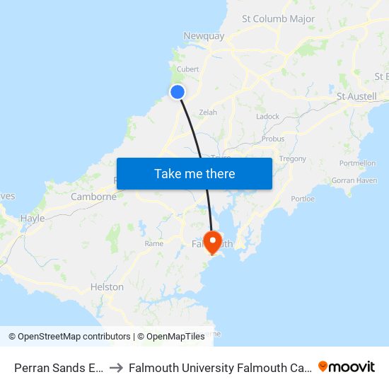 Perran Sands Entrance, Perranporth to Falmouth University Falmouth Campus (formerly UCF Woodlane Campus) map