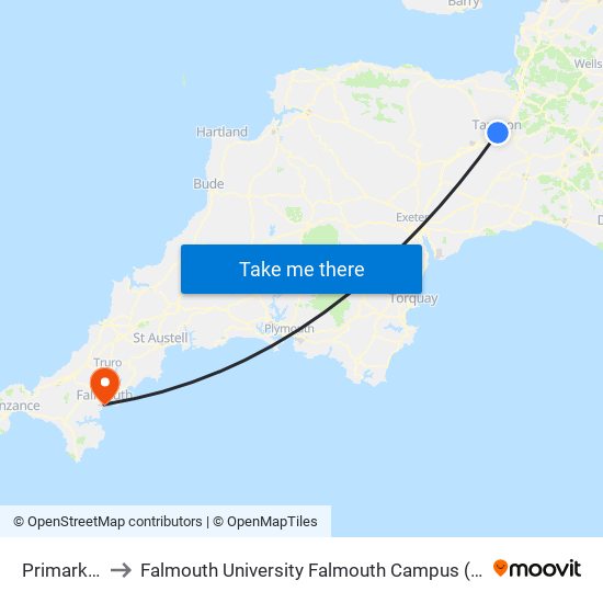 Primark, Taunton to Falmouth University Falmouth Campus (formerly UCF Woodlane Campus) map