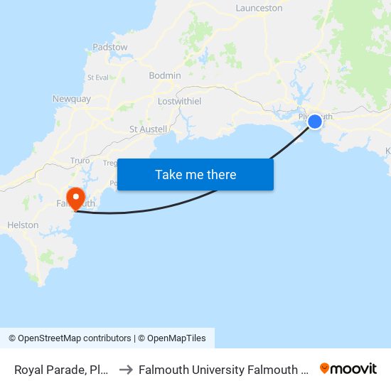 Royal Parade A12, Plymouth City Centre (A12) to Falmouth University Falmouth Campus (formerly UCF Woodlane Campus) map