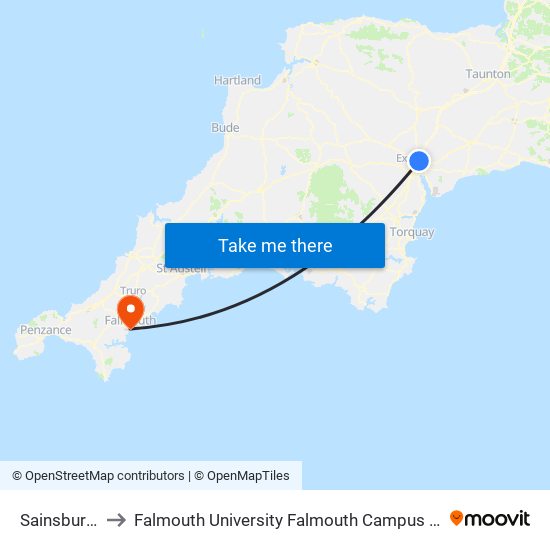 Sainsburys, Pinhoe to Falmouth University Falmouth Campus (formerly UCF Woodlane Campus) map