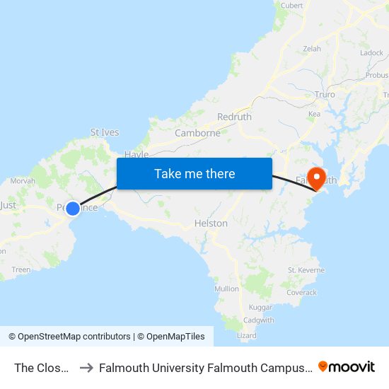 The Close, Penzance to Falmouth University Falmouth Campus (formerly UCF Woodlane Campus) map