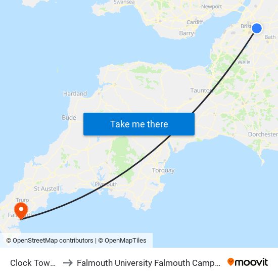 Clock Tower, Kingswood to Falmouth University Falmouth Campus (formerly UCF Woodlane Campus) map