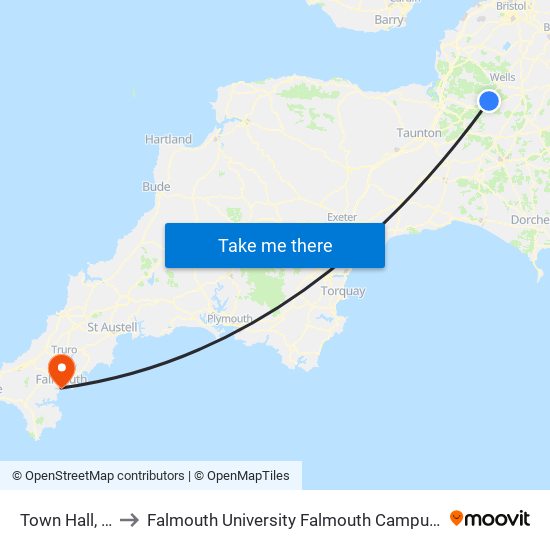 Town Hall, Glastonbury to Falmouth University Falmouth Campus (formerly UCF Woodlane Campus) map