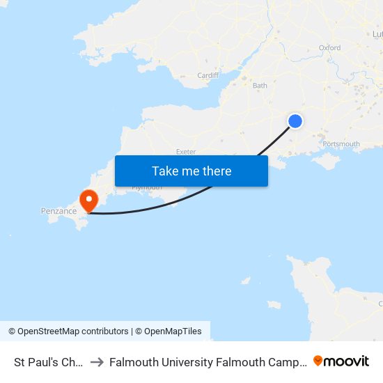 St Paul's Church, Salisbury to Falmouth University Falmouth Campus (formerly UCF Woodlane Campus) map