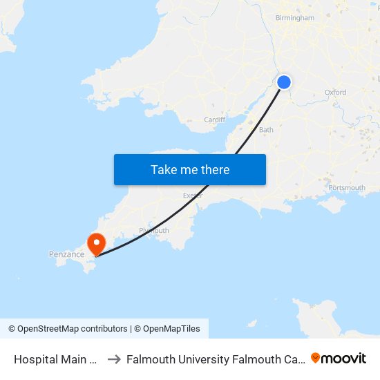 Hospital Main Entrance, Cheltenham to Falmouth University Falmouth Campus (formerly UCF Woodlane Campus) map