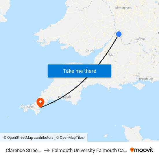 Clarence Street Arrival, Cheltenham to Falmouth University Falmouth Campus (formerly UCF Woodlane Campus) map