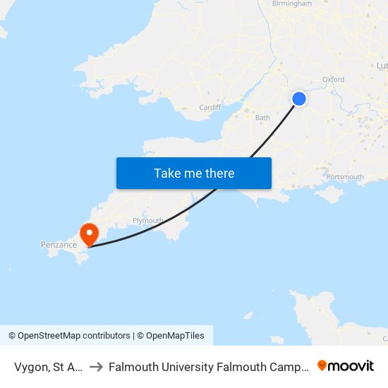 Vygon, St Andrews Ridge to Falmouth University Falmouth Campus (formerly UCF Woodlane Campus) map