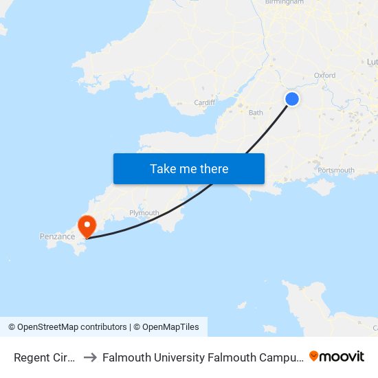Regent Circus, Swindon to Falmouth University Falmouth Campus (formerly UCF Woodlane Campus) map
