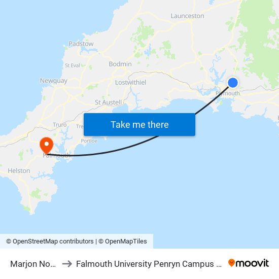 Marjon North, Derriford to Falmouth University Penryn Campus (formerly UCF Tremough Campus) map