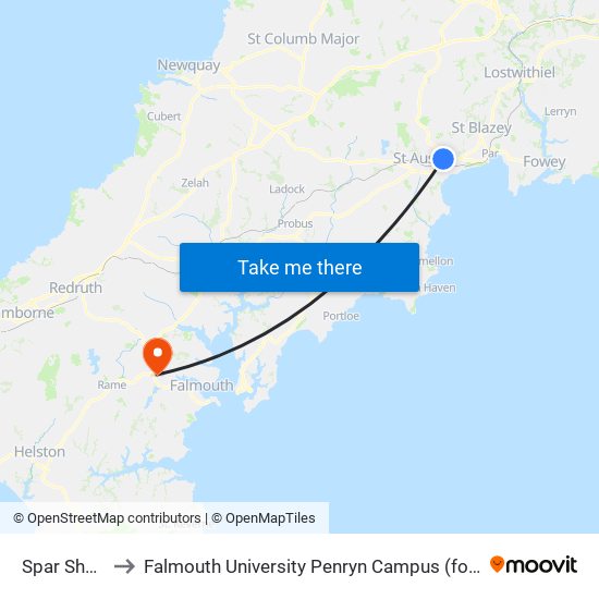 Spar Shop, Bethel to Falmouth University Penryn Campus (formerly UCF Tremough Campus) map