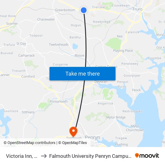 Victoria Inn, Threemilestone to Falmouth University Penryn Campus (formerly UCF Tremough Campus) map