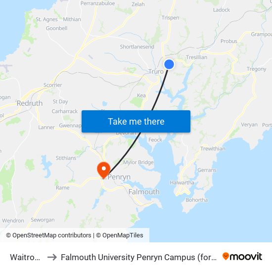 Waitrose, Truro to Falmouth University Penryn Campus (formerly UCF Tremough Campus) map