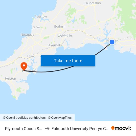 Plymouth Coach Station, Plymouth City Centre to Falmouth University Penryn Campus (formerly UCF Tremough Campus) map