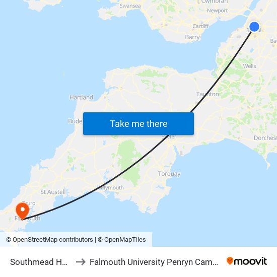 Southmead Hospital, Southmead to Falmouth University Penryn Campus (formerly UCF Tremough Campus) map