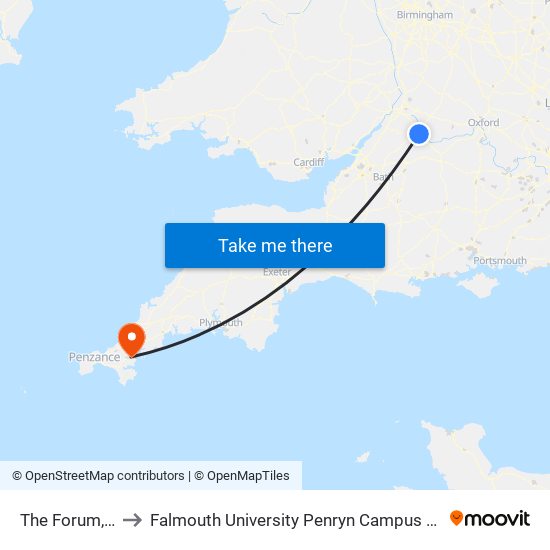 The Forum, Cirencester to Falmouth University Penryn Campus (formerly UCF Tremough Campus) map