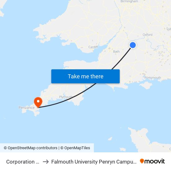 Corporation Street, Swindon to Falmouth University Penryn Campus (formerly UCF Tremough Campus) map