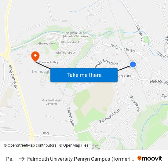 Penryn to Falmouth University Penryn Campus (formerly UCF Tremough Campus) map