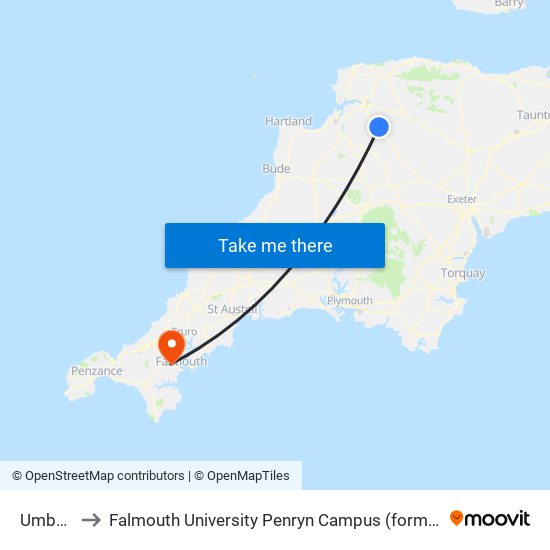 Umberleigh to Falmouth University Penryn Campus (formerly UCF Tremough Campus) map